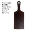 Front-facing view of rosewood paddle cutting board with centered handle and round hanging hole – 19x7.5 inches.