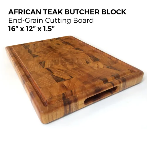 African Teak Butcher Block – End-Grain Cutting Board (16" x 12" x 1.5")